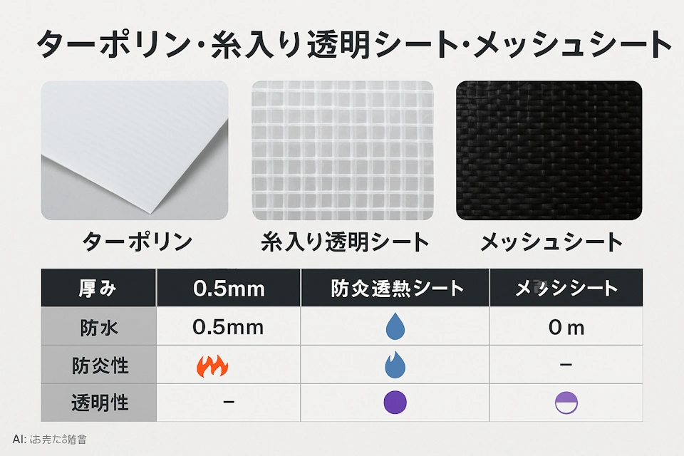 ターポリン・糸入り透明シート・メッシュシートの素材別比較図