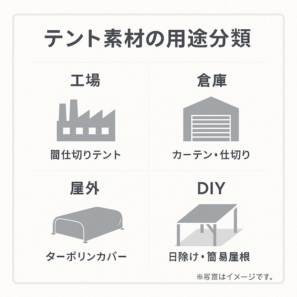 テント素材の用途分類図（工場・倉庫・屋外・DIYなどの使い分け）