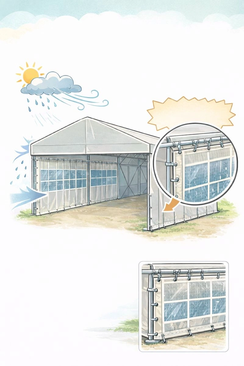屋外・恒久使用の場合の選択肢（参考）｜芯材入りフォールカーテンの構造イメージ