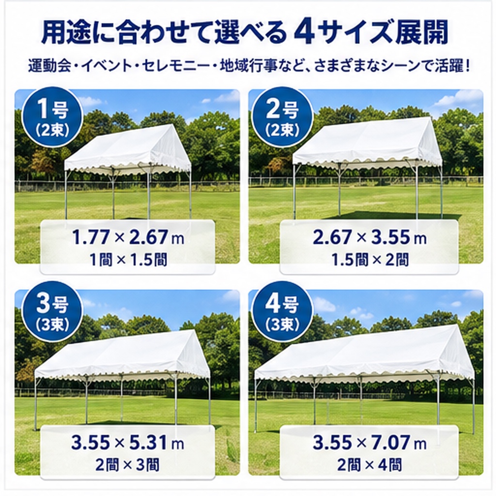 スマートパワーテントの4サイズ展開。1号 1.77×2.67m、2号 2.67×3.55m、3号 3.55×5.31m、4号 3.55×7.07m
